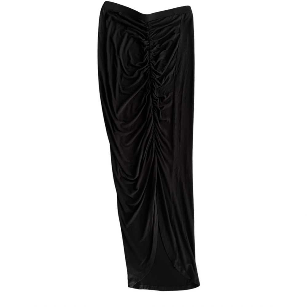 LONG BLACK SKIRT/ STRAPLESS DRESS WITH SLIT AND FRONT SCRUNCH